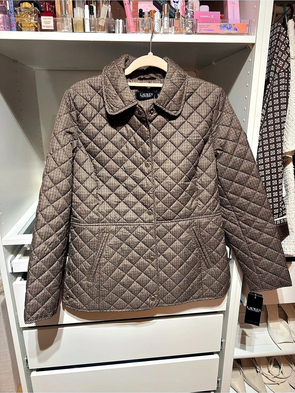 Lauren Ralph Lauren Houndstooth Diamond-Quilted Jacket Brown Plaid pattern